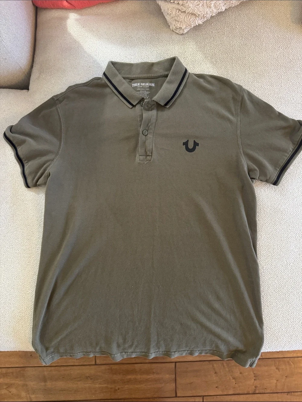 True Religion distressed Olive Green Polo with Contrast Trim